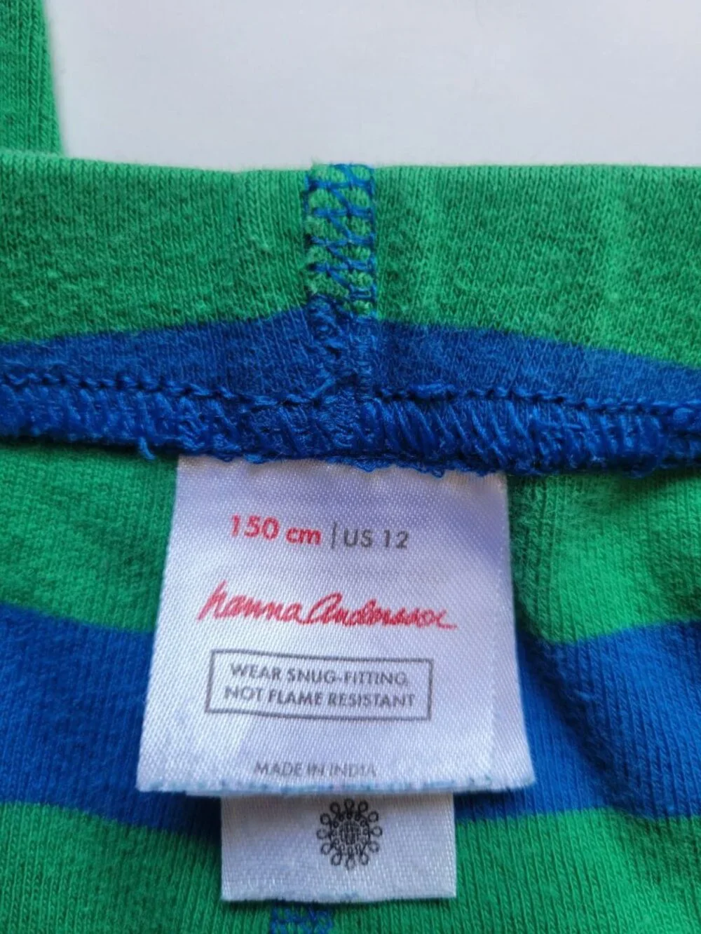 Hanna Andersson striped long john pajama pants blue and green with orange cuffs